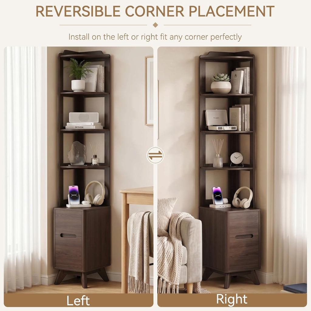 70" Tall Nightstand with Bookshelf, Corner Shelf Stand with Charger Station | Wall Wood Reversible Open Shelf, Modern