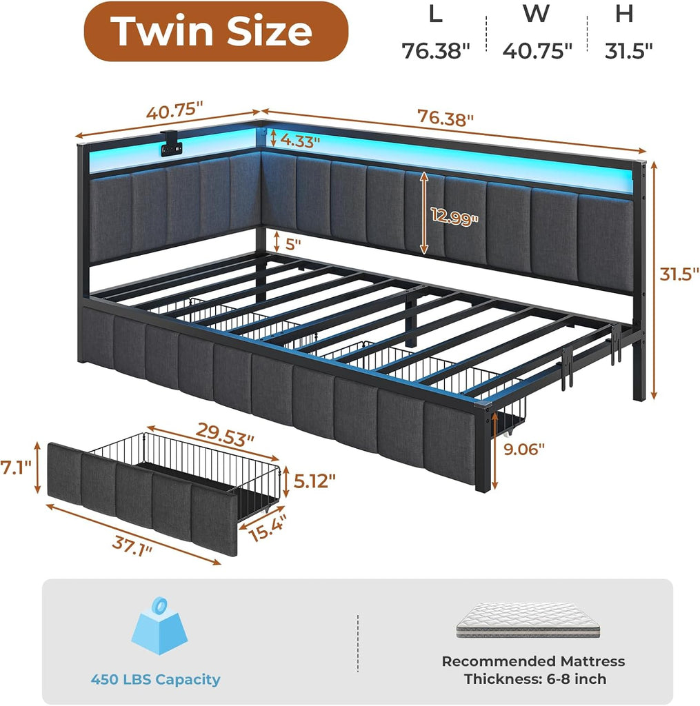 Twin Corner Bed Frame with 2 Storage Drawers and Charging Station Twin Bed Frames with Storage and Led Lights Twin