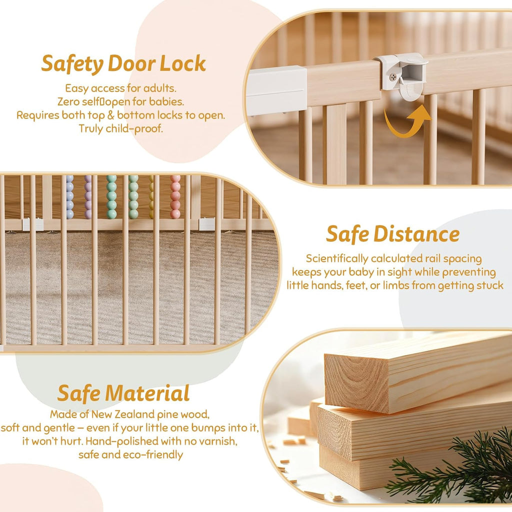 Large Wooden Baby Playpen - Size Adjustable Fence for Babies and Toddlers, Baby Play Yard with Locking Gate, Indoor