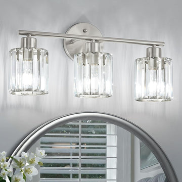 Modern Brushed Nickel Crystal Bathroom Light Fixtures,3-Light | Bathroom Lighting Fixtures over Mirror,Vanity Lights