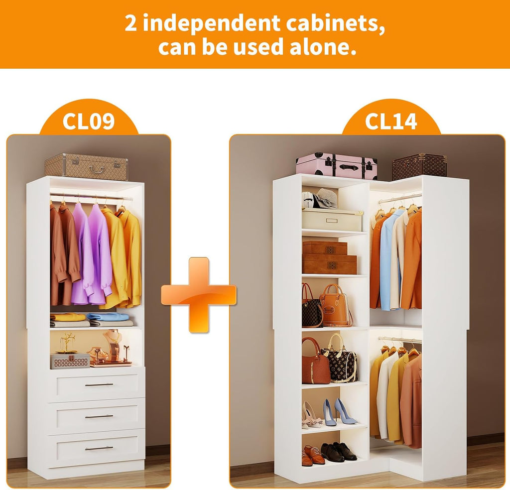 Closet System with 3 Drawers, Corner Closet Organizer Systems with 7 Shelves & 5 Hanging Rods L-Shaped Walk in Closet