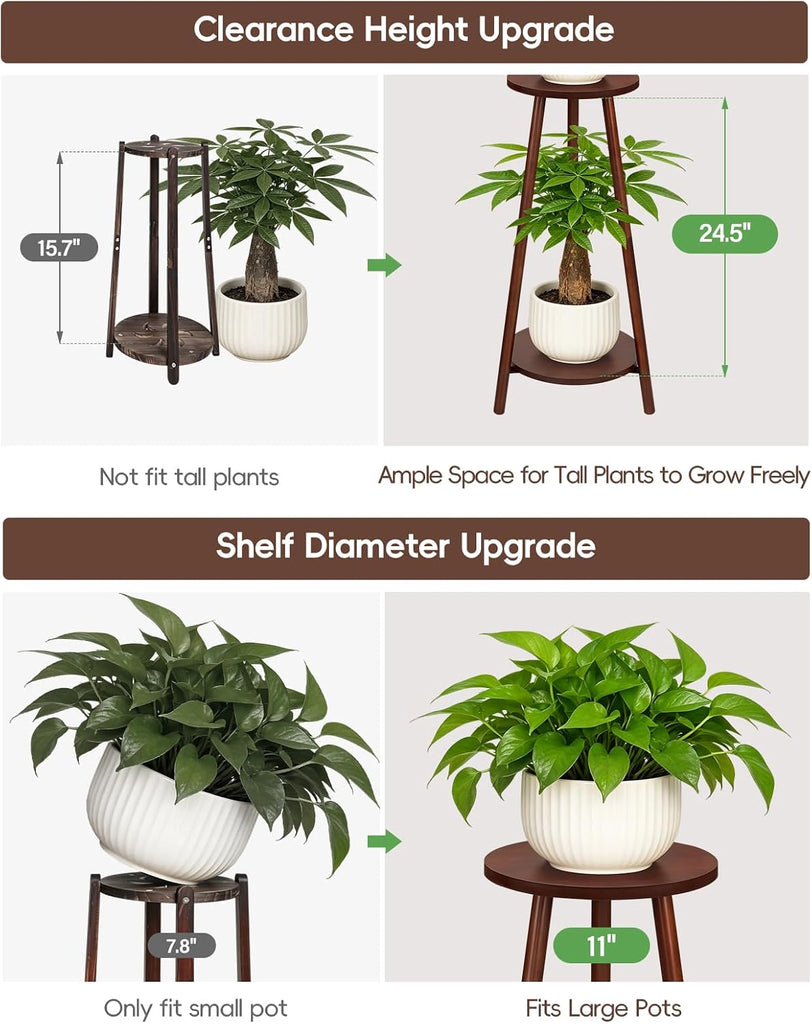 2 Tier Round 12 inch Bamboo Plant Stand Indoor Outdoor,Wood Flower Stand | Mid Century Corner Plant Pot Holder
