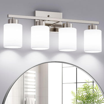4-Light Brushed Nickel Bathroom Light Fixtures, Modern Vanity Light Over Mirror Lighting, Wall Sconce with Frosted