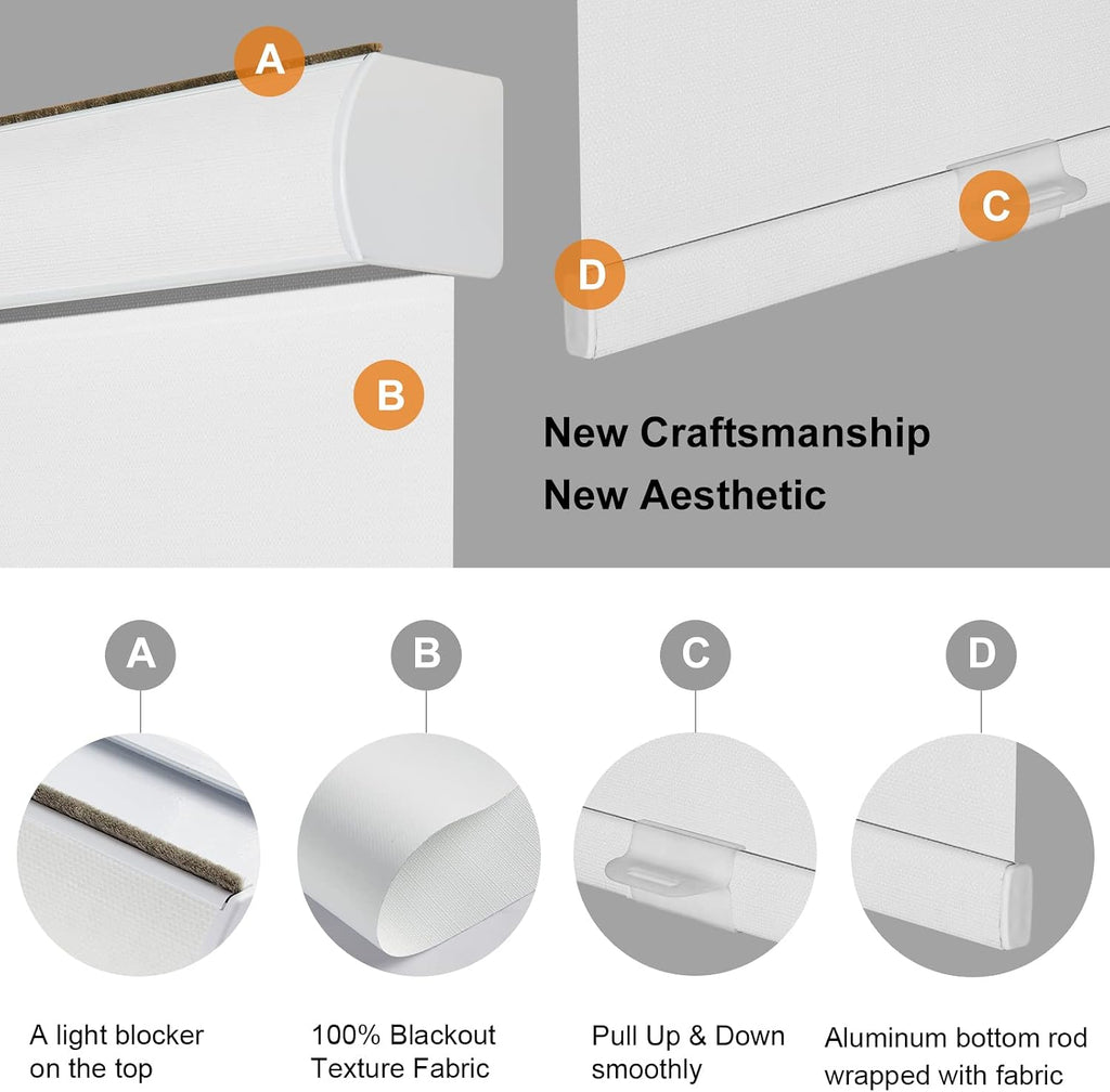 Free-Stop Cordless 100% Blackout Roller Shades for Window Blinds with Linen Look Textured Fabric (White, 20"W x 72"H)