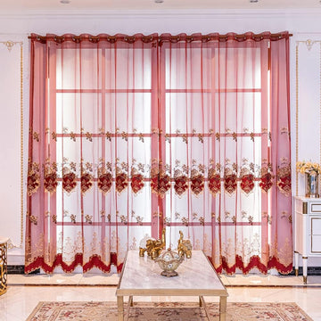 European Style Luxury Festival Burgundy Red Embroidered Sheer Curtain for Living Room Elegant Floral Tulle Curtains