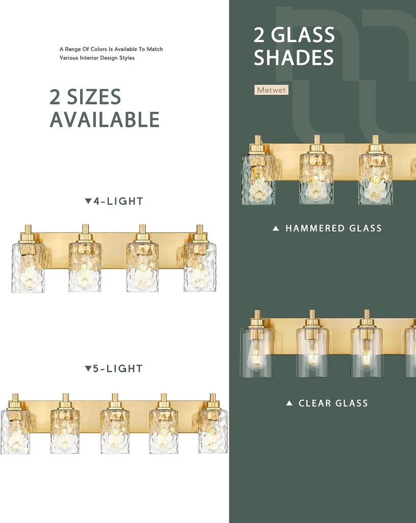 4-Light Brushed Gold Bathroom Vanity Light, Hammered Cylinder Glass | 24.5" modern bathroom light fixtures over