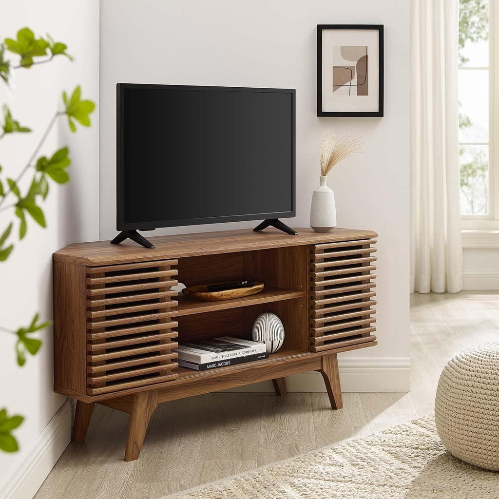 Render Mid-Century Modern Low Profile Corner Media TV Stand in Wal, 15 46 23