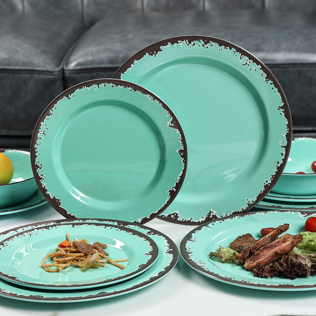 Rustic Melamine Dinnerware Set,12pcs Plates and Bowls Sets-Green