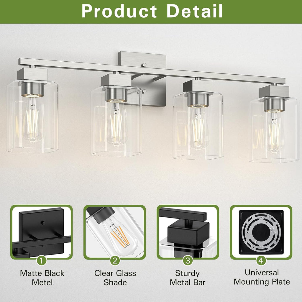 4 Light Bathroom Vanity Light - Brush Nickel Matte Vanity Lights Square Design & UL Certification & Square 26" Silver