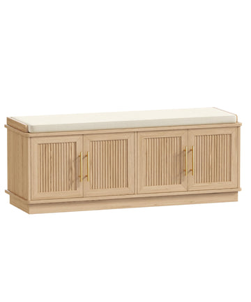47.2" Fluted Shoe Storage Bench 4 Doors Wooden Entryway Bench Oak