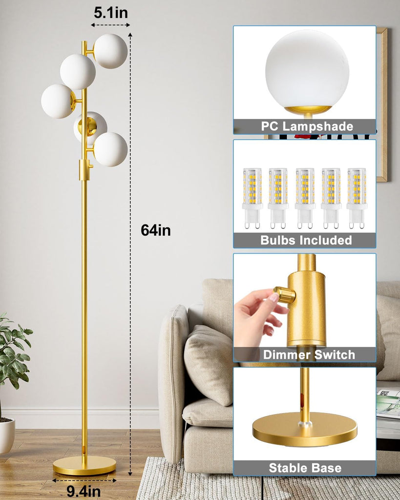 Dimmable Globe Floor Lamp Mid Century Modern Floor Lamp with 5Pcs 3000K Bulbs Included Brightness Adjustable Gold