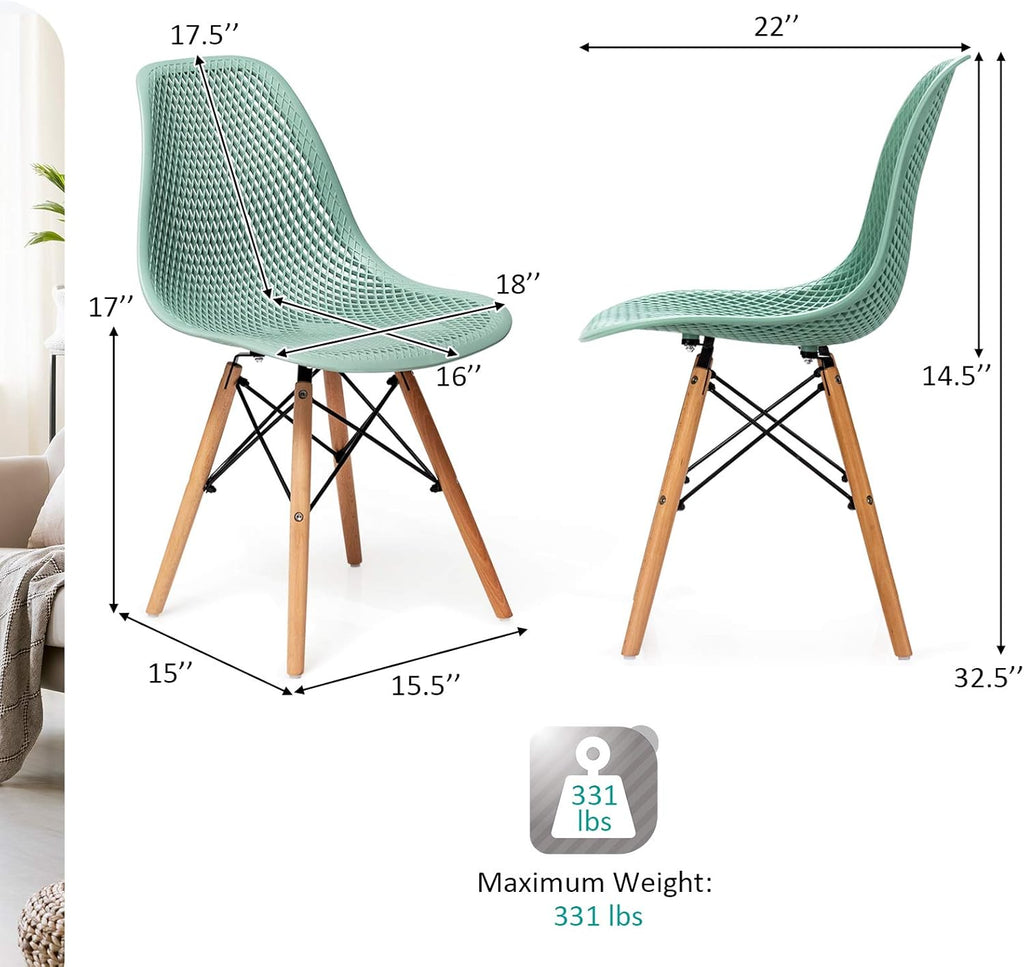 Set of 2 Modern Dining Chairs, Outdoor Indoor Shell PP Lounge Side Chairs with Mesh Design, Beech Wood Legs
