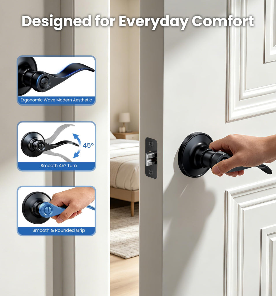 2 Pack Interior Privacy Door Handle Levers Lock Keyless, Matte Black