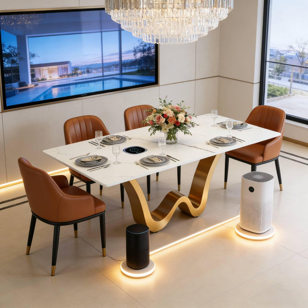 78.74" Sintered Stone Dining Table for 6-8, Modern Luxury White & Gold Rectangle Kitchen Table with Stone Slate