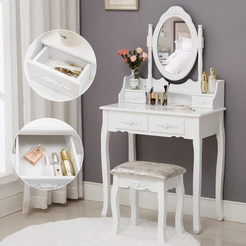 Makeup Vanity Table Set and Cushioned Stool with Oval Mirror, 4 Drawers Dressing Table (White)