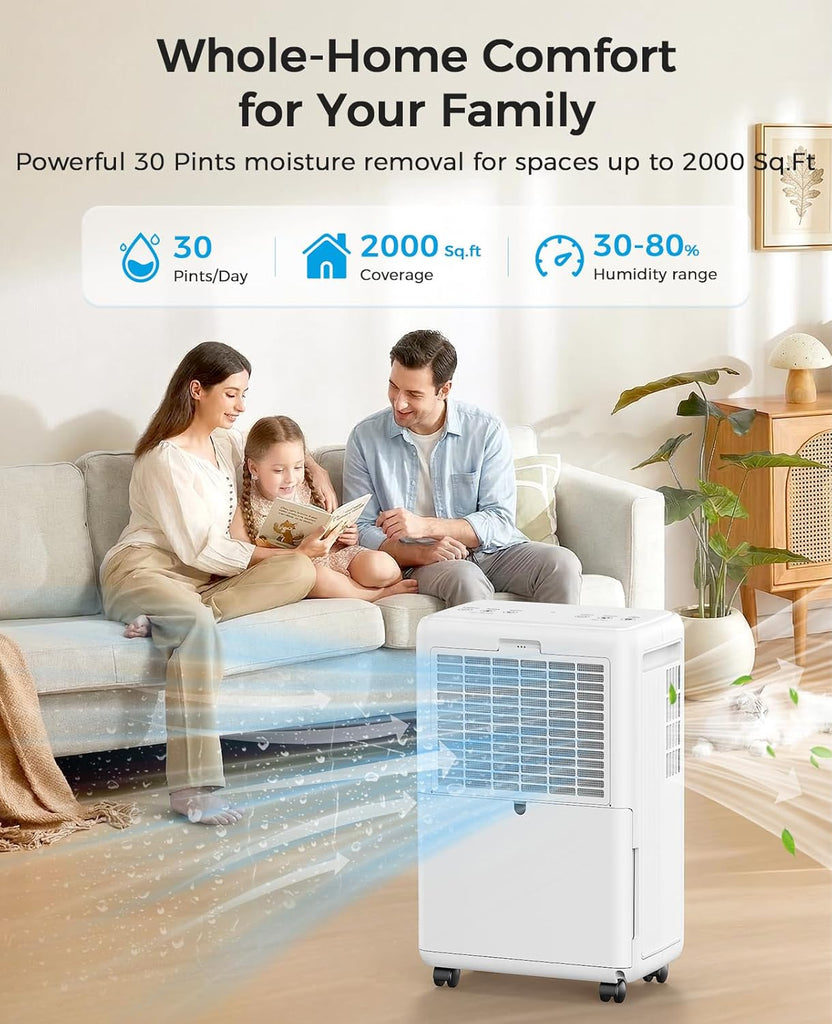 2000 Sq.ft Dehumidifier for Basement, 30 Pint Dehumidifiers for Home with Drain Hose, Quiet Operation