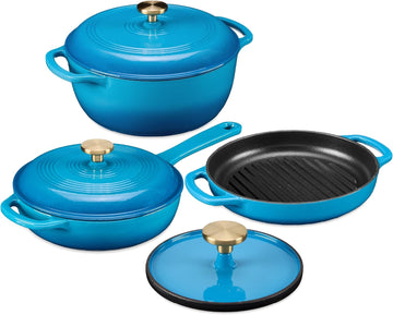 6-Piece Cast Iron Cookware Set, Ceramic Coated 6Qt Dutch Oven, 2Qt Skillet W/Lid, 10" Grill Pan W/Press, Non-toxic