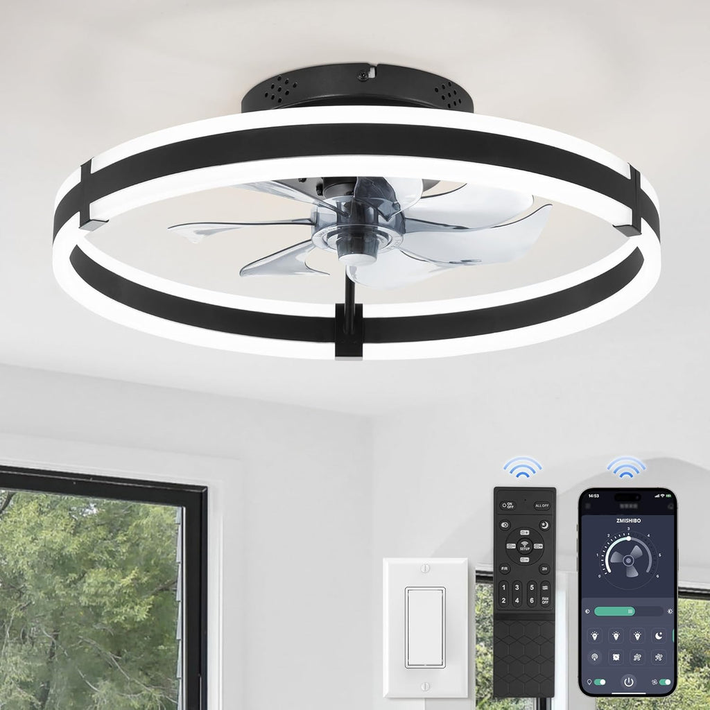 Ceiling Fans with Lights and Remote, 19.7'' Low Profile Ceiling Fan, 3000-6000K Dimmable Modern Flush Mount LED Fan Light, 6 Wind Speeds, Black Fandelier Ceiling Fans for Bedroom A101-B0DBHGKLLQ
