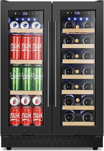 24 Inch Wine and Beverage Refrigerator, Dual Zone Wine Beverage Cooler 24" with French Door