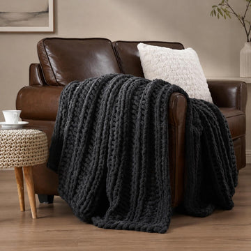 Chunky Knit Throw Blanket, Hand Made Chenille Throw Blanket, Super Soft Warm Cozy Charcoal Blanket, 50"x60"