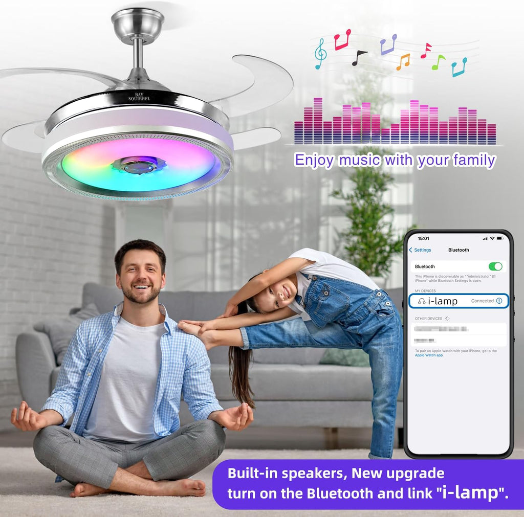 Retractable Bluetooth Ceiling Fan with Light and Speaker, Flush Mount Ceiling Fans