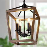 Farmhouse Chandelier Light Fixture for Kitchen Dining Room, 4-Light Rustic Pendant Hanging Ceiling Light Height Adjustable in Oak Wood Finish, Cage Lantern Lighting with E12 Base for Hallway Foyer A128-B094YBCLLJ