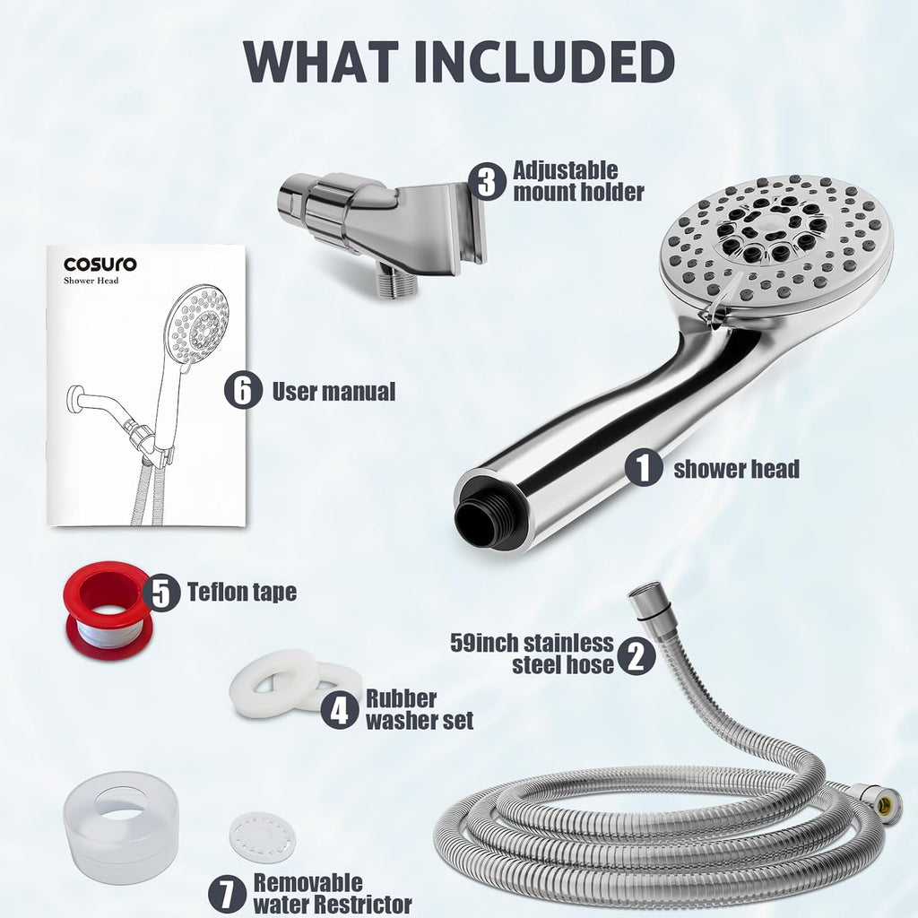 High Pressure Shower Head with Powerful Shower Spray & 59'' Stainless Steel Hose, 5 Spray Modes