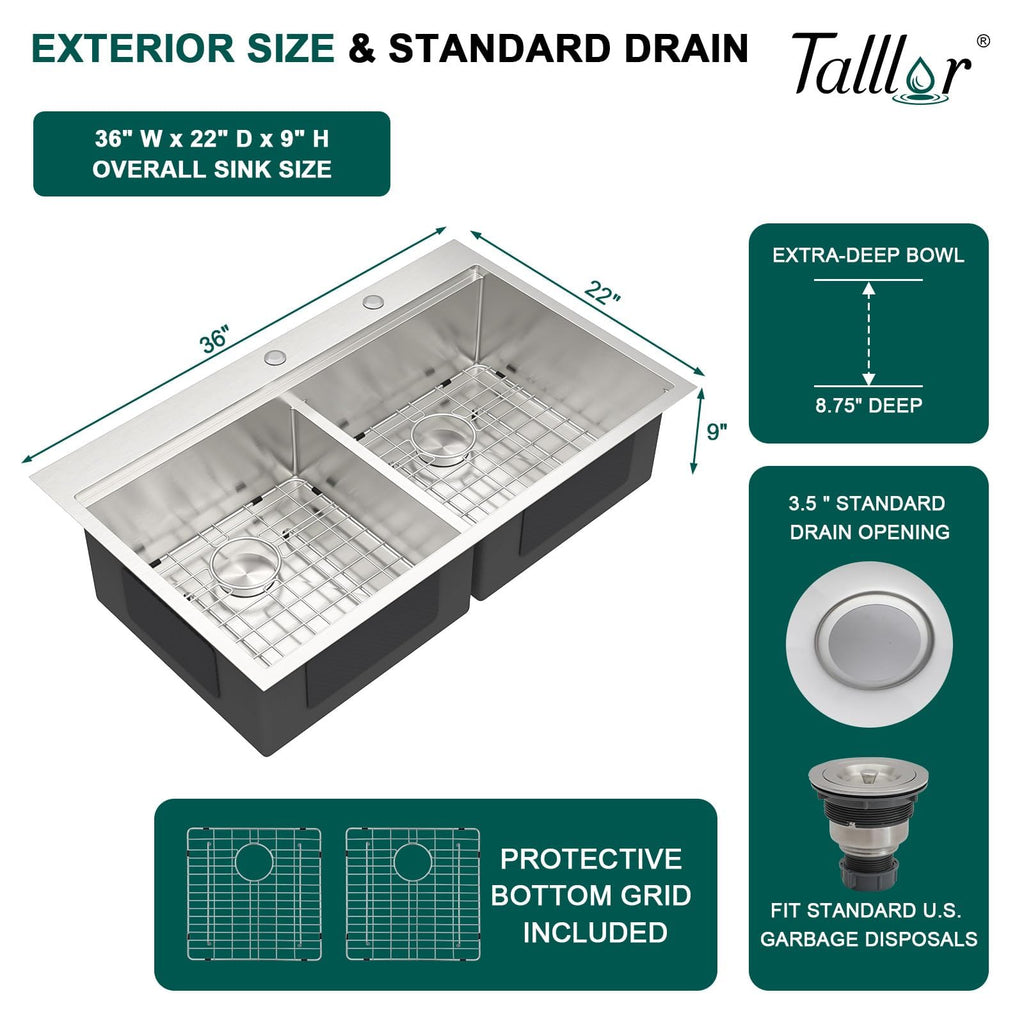 36x22" Double Bowl Drop Sinks, Workstation 50/50 Split