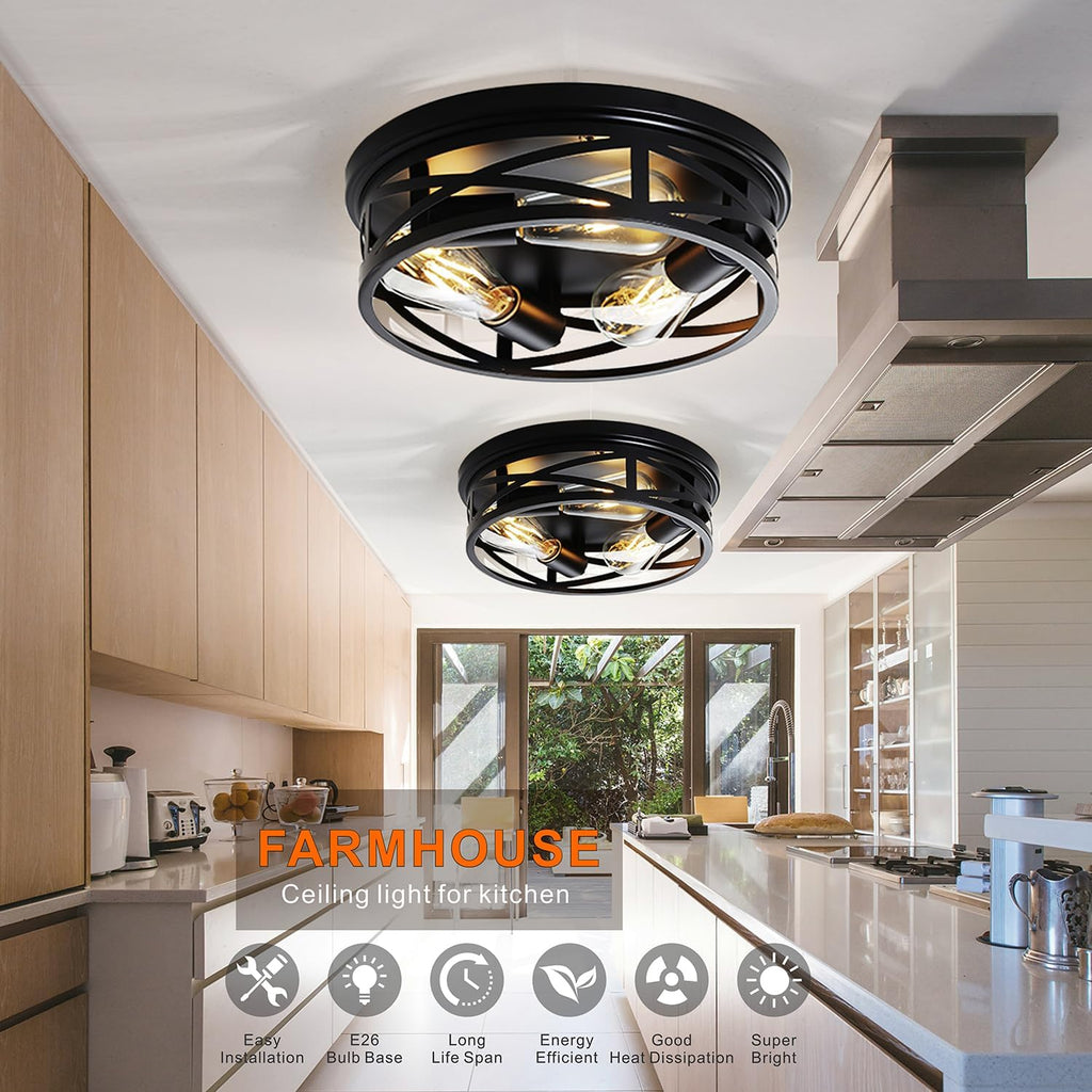 Farmhouse Flush Mount Ceiling Light 12 Inch E26 3-Light Large Black Anti-Rust Metal Cage Close to Ceiling Lamp for Overhead Entryway Kitchen Outdoor Porch 1pack