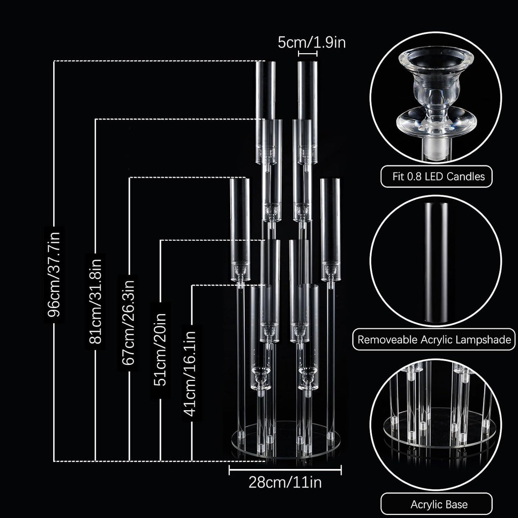 4 Sets 10 Arms Acrylic Candelabra Wedding Centerpiece,33.7Inches Floor Clear Candlesticks Holder with Acrylic Shade