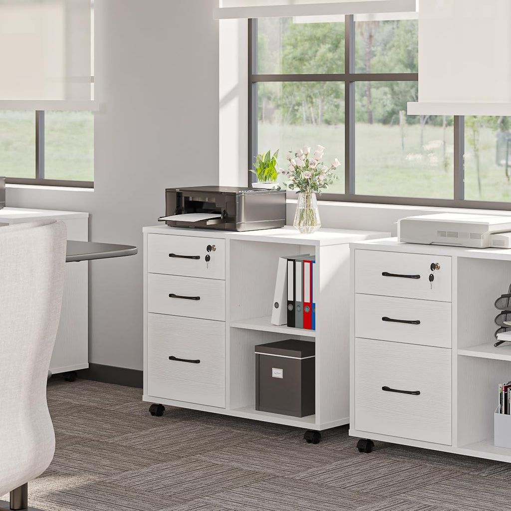 3 Drawer Office File Cabinets, Mobile Lateral Printer Stand with Open Storage Shelf, Rolling Filing Cabinet with