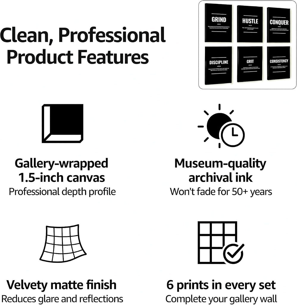 Black and White Motivational Canvas Wall Art Set of 6 - Framed Gallery-Wrapped Prints for Men, Office, Bedroom &