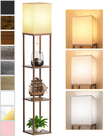 Floor Lamp with Shelves Walnut Brown, Shelf Floor Lamp with 3 CCT LED Bulb, Corner Display Standing Column Lamp