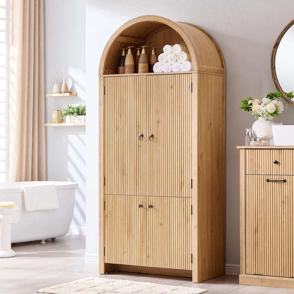 71" Tall Arched Kitchen Pantry, Modern Fluted Wood Storage Cabinet with Doors, 3 Adjustable Shelves, 6 Door Shelves