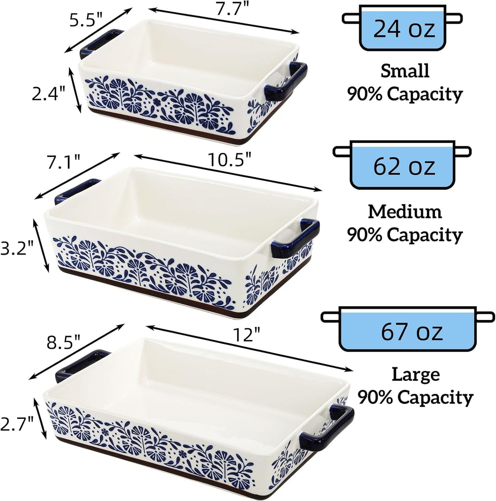 3 Pack Rectangular Ceramic Dish Set for Oven, Hand-Painted Floral Design Non-Stick and Stackable Casserole Dish with