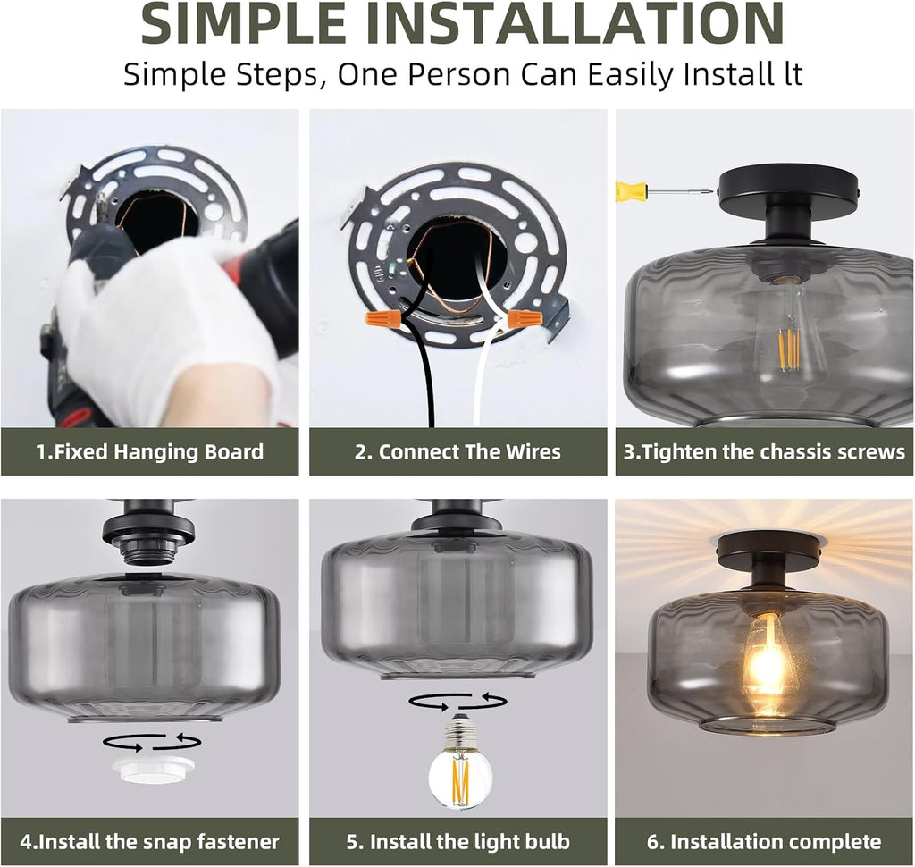 Glass Semi Flush Mount Ceiling Light, Modern Close to Ceiling Light Fixtures with Smoke Grey Glass Shade, Light