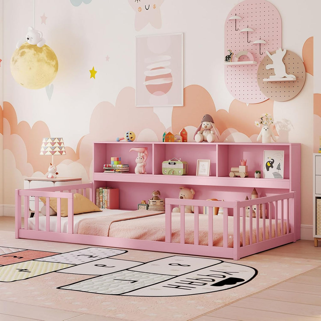 Twin Floor Bed for Kids, Wooden Montessori Bed Frame with Bookcase, Storage Shelves & Safety Fence Rails, Floor Beds