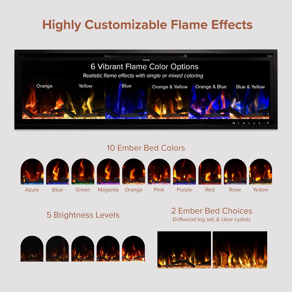 Black Mantel Package 64" W 42" H with 42 Inch Electric Fireplace - 5 Flame Colors, 10 Ember Bed Colors, Log