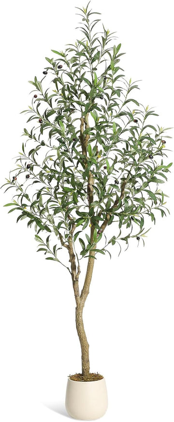 Olive Trees Artificial Indoor, 6 ft Tall Faux Silk Plant - Fake Potted Tree with White Planter, Artificial Plants