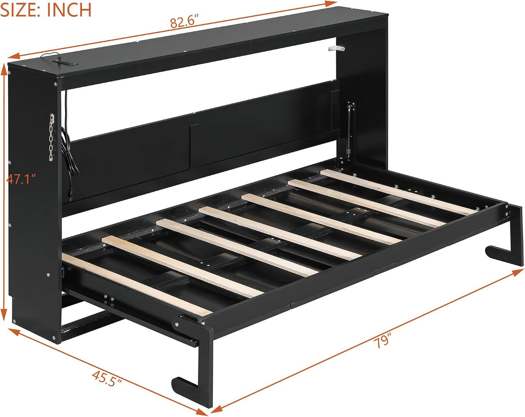 Modern Side-Folding Murphy Bed with Trendy Printed Pattern, Murphy Cabinet Wall Bed Frame with LED