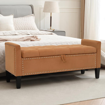 Velvet Ottoman with Storage, 46'' Upholstered Button Tufted End of Bed Bench with Arms, Modern Storage Bench , Orange