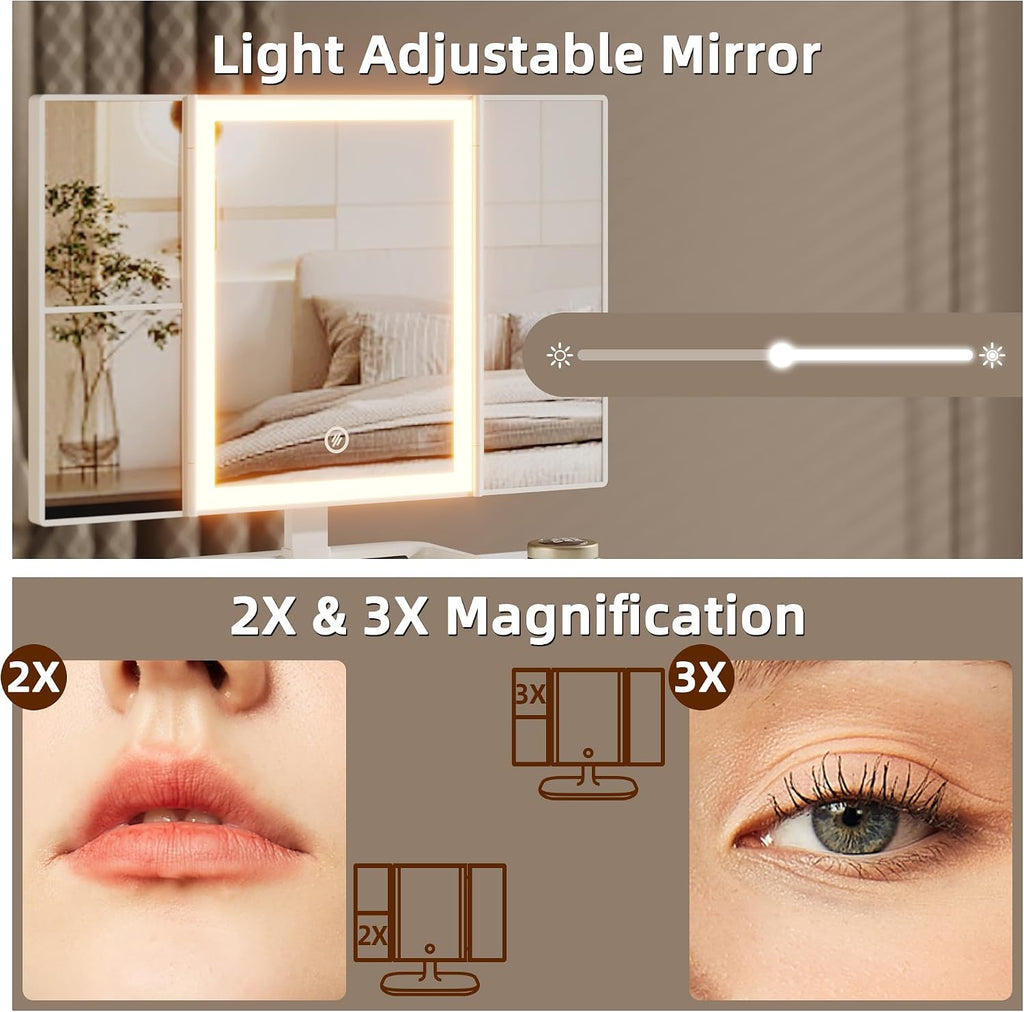 Small Makeup Vanity Desk 27.5''W with Mirror and Lights, White | 3 Drawers, USB Lighted Mirror, Height-Adjustable