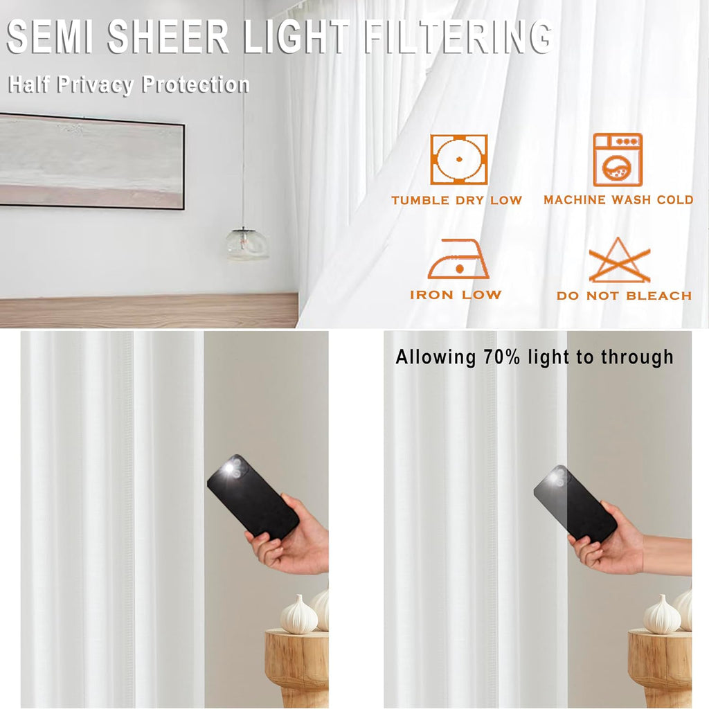 White Bohemian Pinch Pleated Semi Sheer Curtains 63 Inch Long
