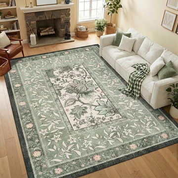 Provence 5x7 Area Rugs, Botanical Grove Sage Green Vintage Cottagecore Non-Slip Washable Rug Bedroom Nursery Kitchen