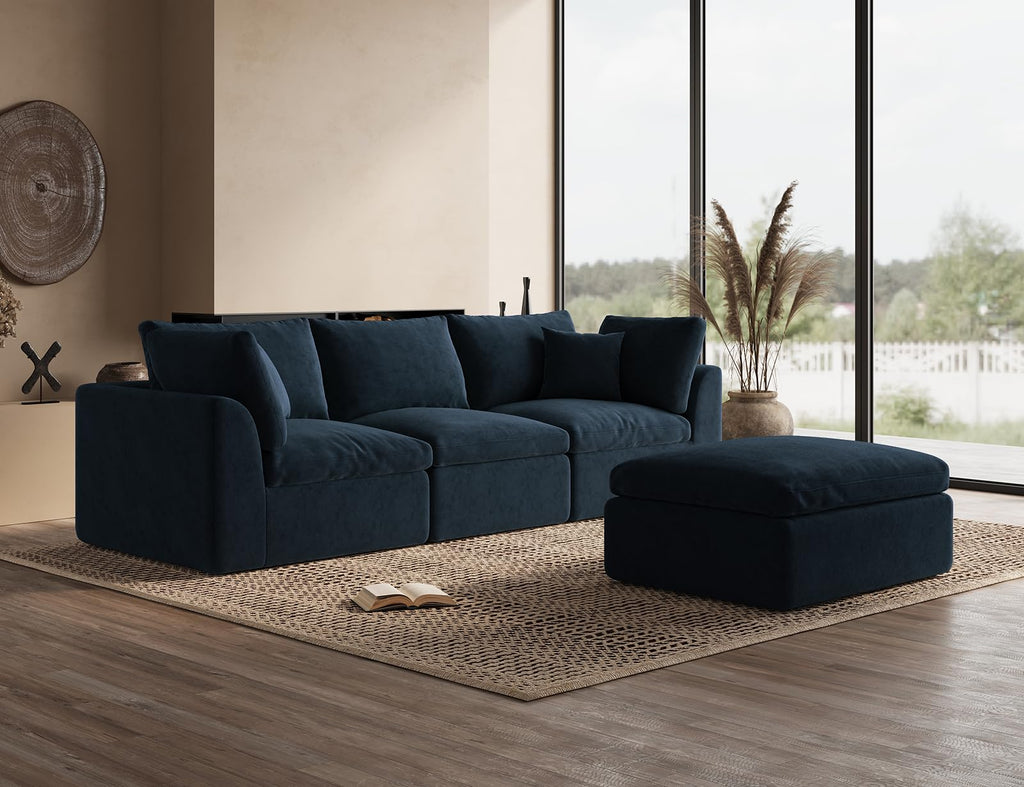 110" Cloud Sectional Couches, Boneless L-Shaped Couch with Ottoman, Modular Sectional Sofa, Dark Blue