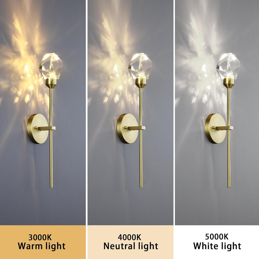 Indoor Crystal Wall Sconce, Brushed Brass Gold Hardwired Wall Light Fixture 3 Color Temperature 3000K-4000K-5000K 8W