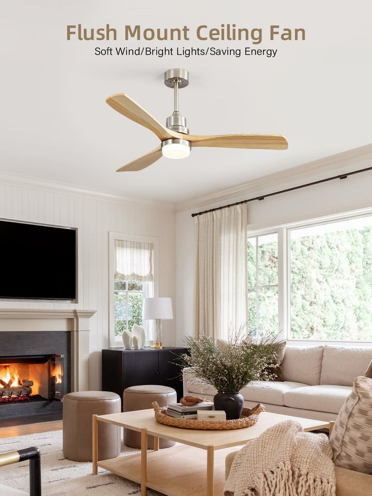 52 Inch Wood Ceiling Fan with Light and Remote - Dimmable 3-CCT LED, Reversible DC Motor - Sandy Nickel & Natural Wood