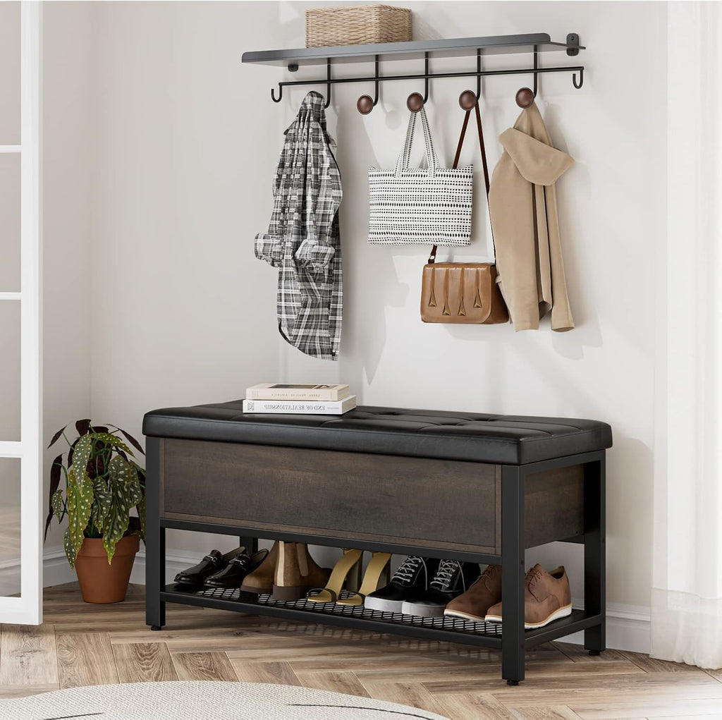 40" W Storage Bench, Entryway Shoe Bench with Cushion, Dark Brown | Wood Metal Bench with Flip-Open Hidden Storage
