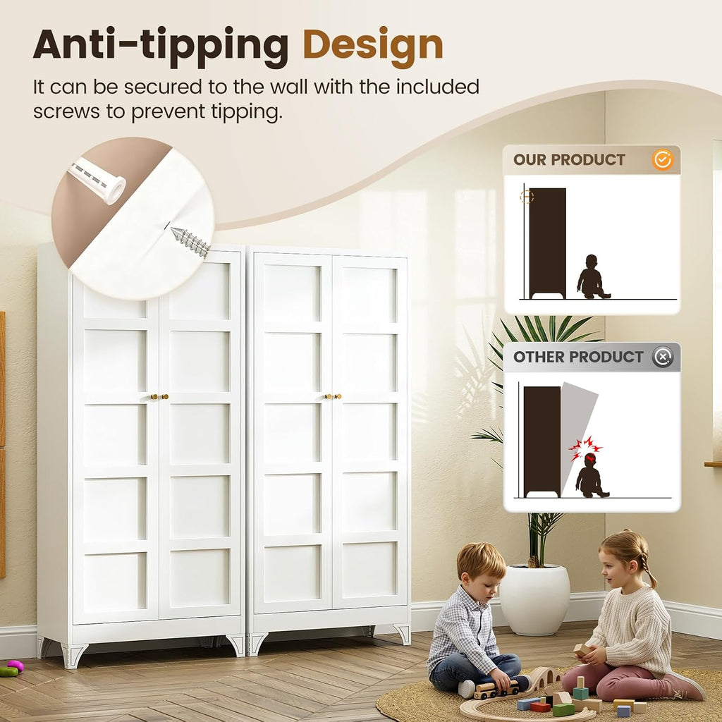 Metal Storage Cabinet with 2 Doors and 4 Adjustable Shelves,- 72" White Kitchen Pantry Storage Cabinet