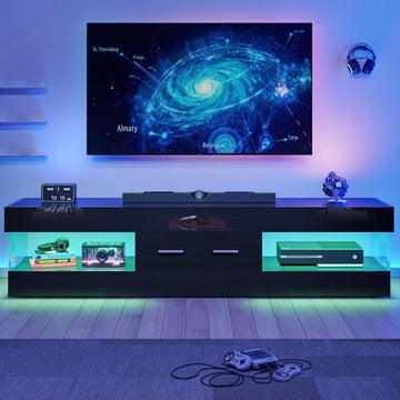 67" Modern TV Stand for TVs 55 to 75 Inch, High Gloss LED Entertainment Center with Stone-Patterned Doors, TV Console